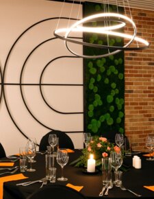 Spacious conference room in an elegant arrangement, ready for a business banquet