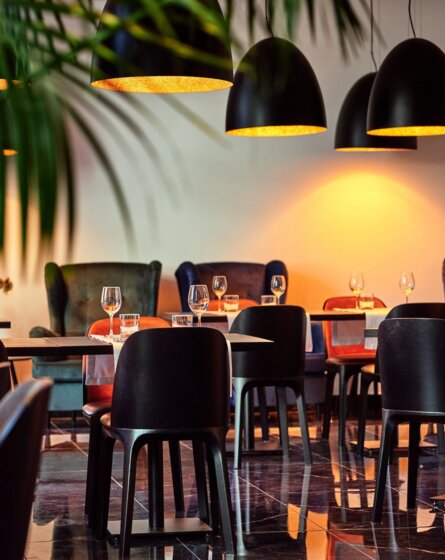 Interior of Garnish Restaurant, full of warmth and coziness