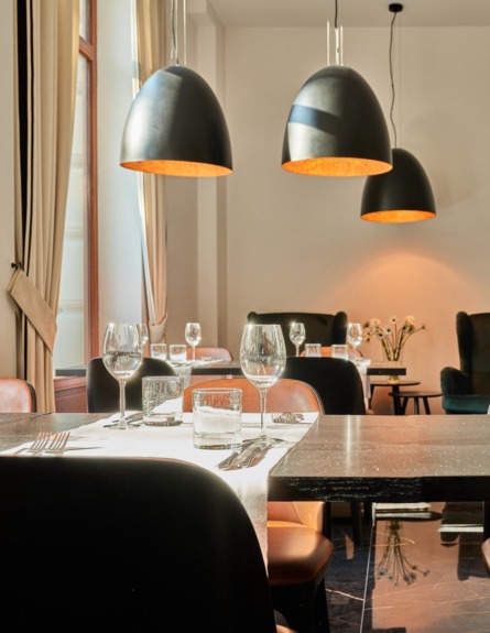 Interior of Garnish Restaurant with warm colors and elegant decor