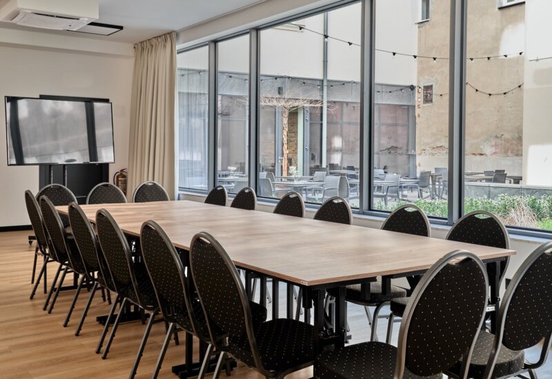 Hotel conference room ready for an important business meeting.