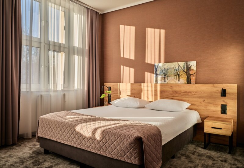 hotel room with huge bed