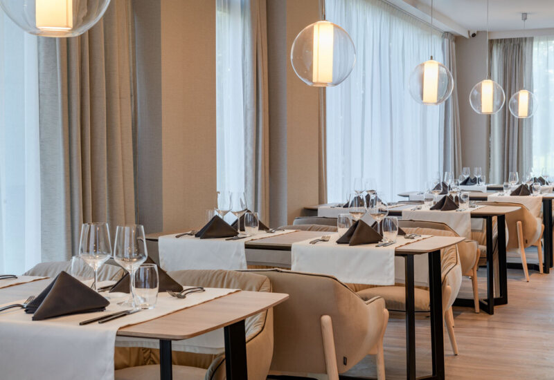 Atmospheric interior of a bright restaurant with Spanish cuisine.