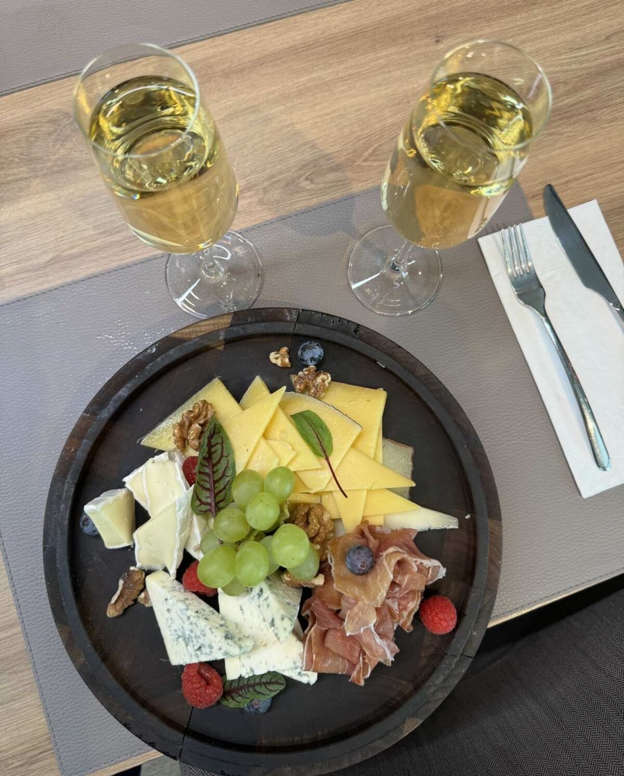 Wine and cheese platter for two in the restaurant garden