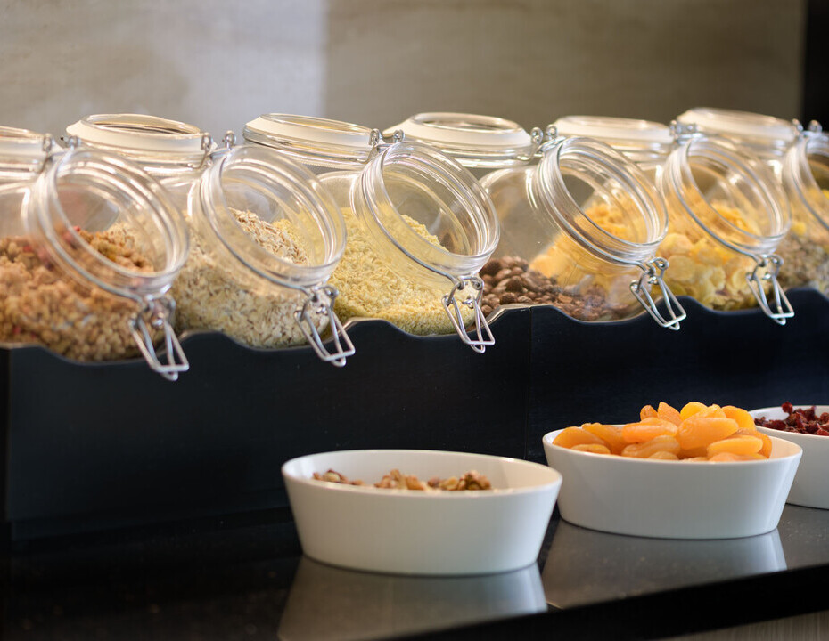 Selection of cereals at the breakfast buffet – a variety of options, from classic to healthy alterna