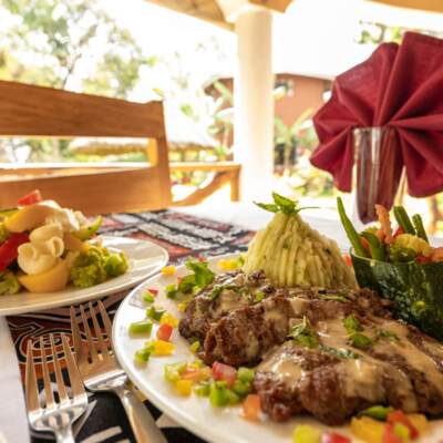 Grilled steak with creamy sauce, mashed potatoes, and vegetable garnish served on a table with outdoor wooden chair and red napkin