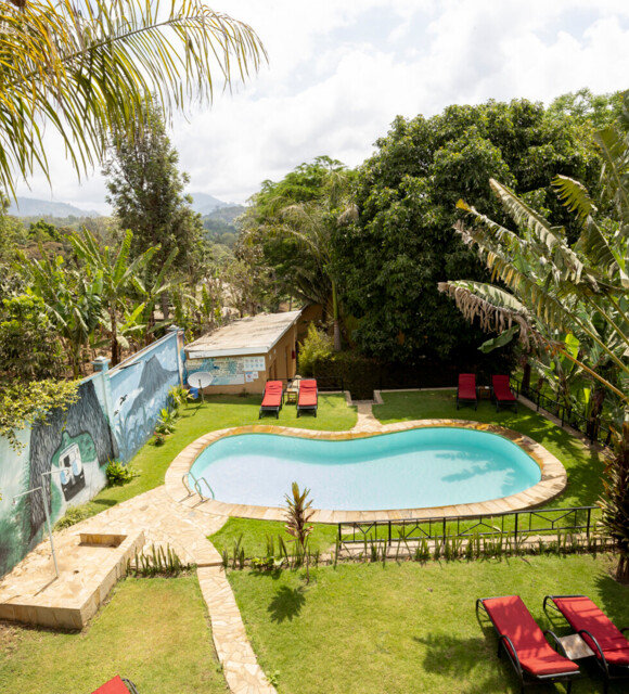 Outdoor kidney-shaped pool surrounded by lush tropical greenery and red lounge chairs on a sunny day