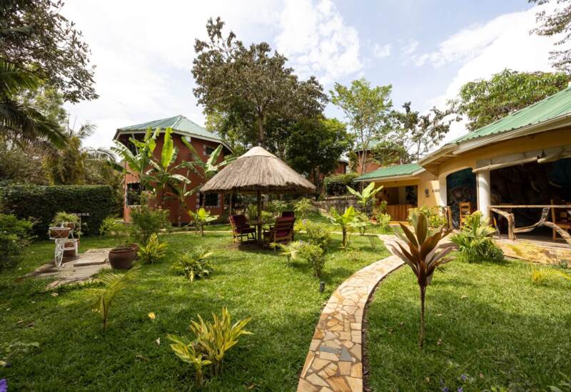 Lush garden area with stone pathway, thatched umbrella seating, and rustic buildings with green roofs surrounded by tropical plants