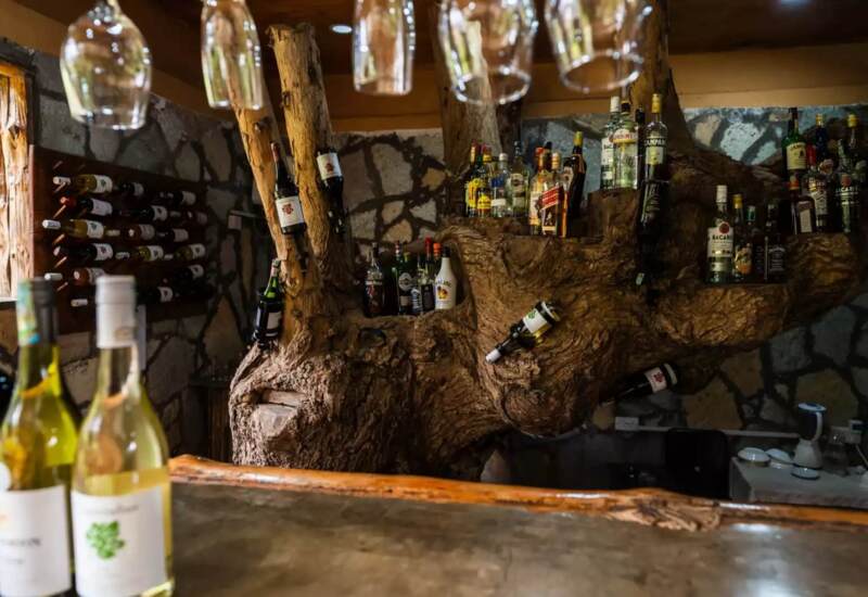 Rustic hotel bar with stone walls and unique tree trunk shelving displaying various liquor bottles under hanging glassware