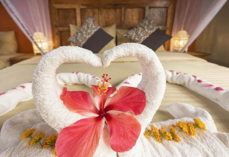 Romantic hotel bed setup with towel swans forming a heart, decorated with a red hibiscus flower and yellow petals