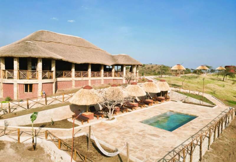 Thatched-roof lodge with an outdoor pool, sun loungers under straw umbrellas, and a hammock on a stone patio in a serene landscape.