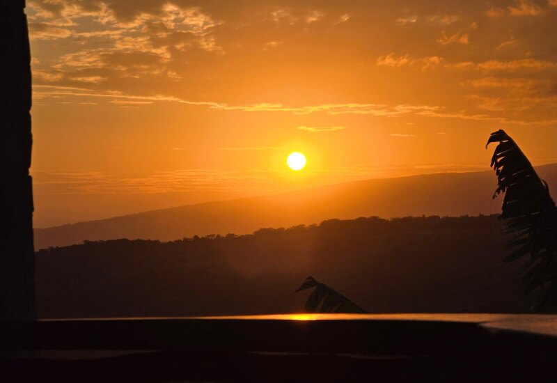 Golden sunset over lush hills viewed from a hotel terrace with tropical foliage silhouette enhancing the serene ambiance