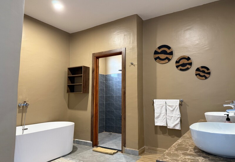 Modern hotel bathroom with freestanding bathtub, dual vessel sinks on marble counter, walk-in tiled shower, and decorative wall accents