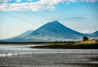 Scenic view of a vast lake with flamingos wading, set against a backdrop of a large, volcanic mountain under blue skies