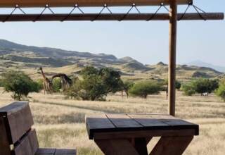 Wooden table and bench on lodge patio overlooking giraffes and zebra grazing in a grassy savanna with hills in the background