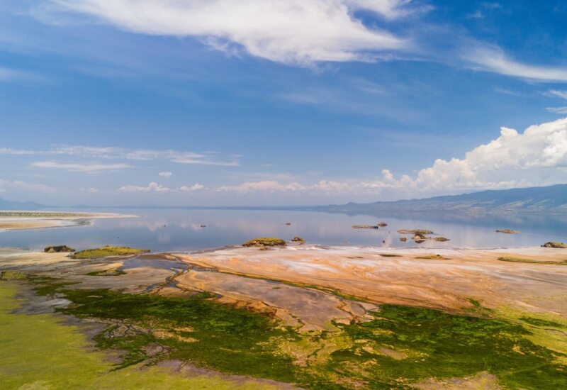 Serene lakeside view with shallow water, sandy shore patches, lush green vegetation, and distant mountain range under a blue sky