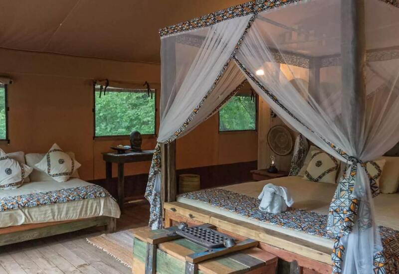 Rustic tented safari room with king-size canopy bed, patterned linens, daybed, wooden floor, and forest views through window openings