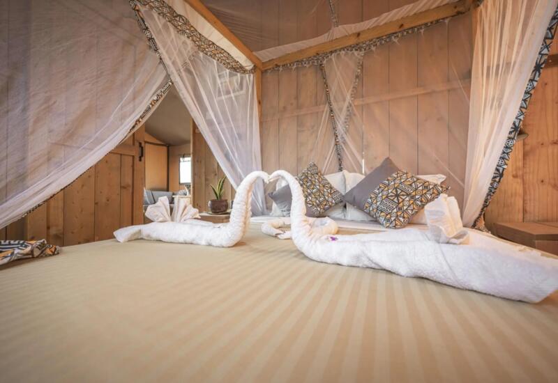 Cozy wooden cabin bedroom with a large bed, mosquito netting, patterned pillows, and towel swans shaped as a romantic detail