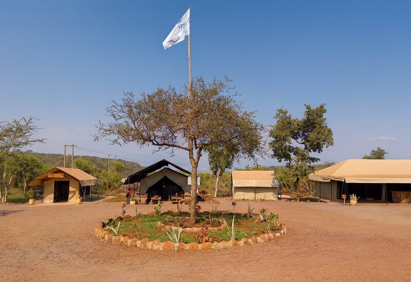 Safari tented camp with canvas suites and communal dining under a central tree and flag, rustic seating, stone garden.