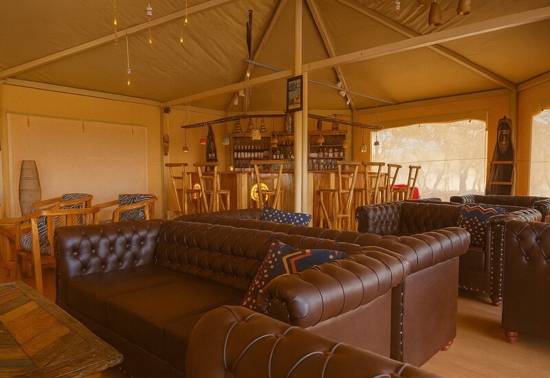 Safari tent lounge with tufted leather sofas, rustic wooden bar and stools, patterned chairs and warm pendant lighting.