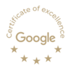 Gold Google Certificate of Excellence badge featuring five stars in a circular design, symbolizing top-quality service and guest satisfaction.
