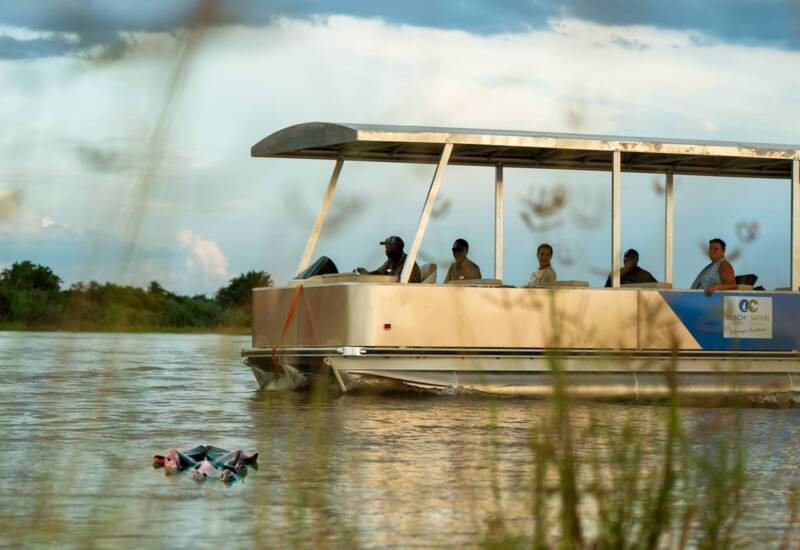 Covered safari boat with guests enjoying a river tour, observing hippos in the water near lush green shoreline under a cloudy sky
