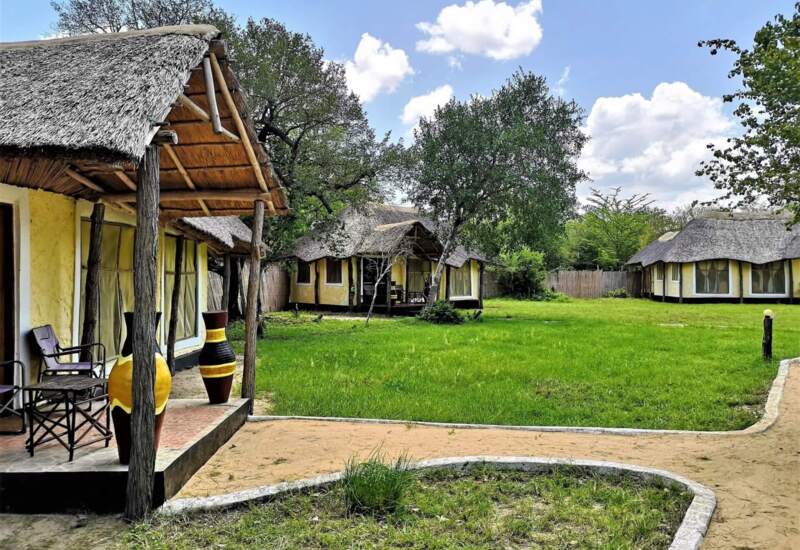 Thatched-roof bungalows with yellow walls surround a grassy courtyard, featuring wooden chairs and decorative pots under shaded porches