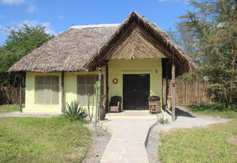 Rustic thatched-roof cottage with two wooden armchairs on a shaded porch, surrounded by greenery and a stone pathway