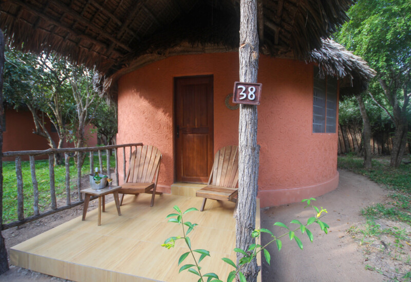 Rustic round bungalow with textured adobe walls, thatched roof, wooden chairs, and a table with wine on a tiled porch in a forest setting