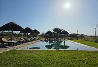 Outdoor swimming pool with stone deck, shaded loungers under thatched umbrellas, surrounded by grassy landscape and open sky