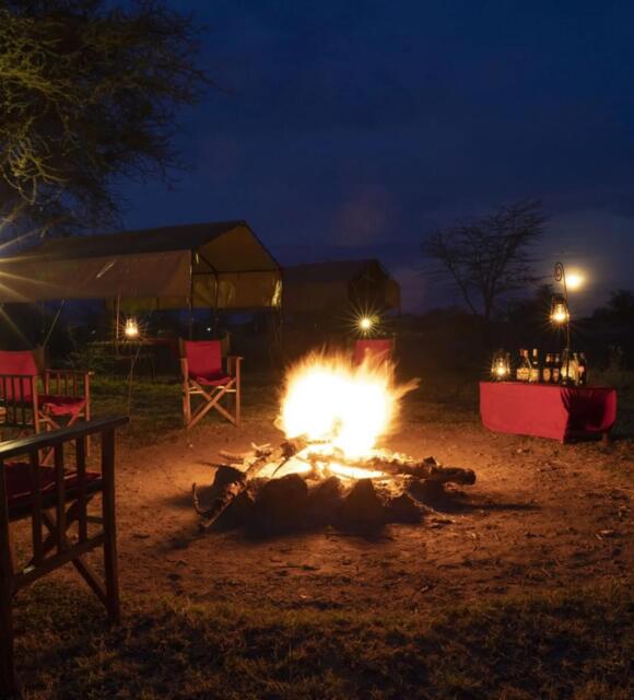 Outdoor nighttime safari campfire setup with cushioned wooden chairs, lanterns, tents, and a table with drinks under a dark sky