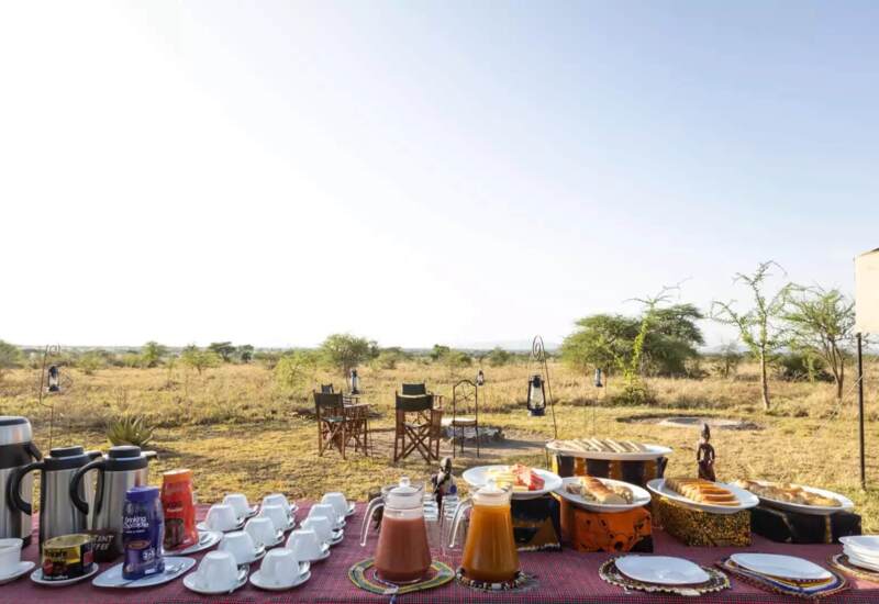Outdoor breakfast spread with hot drinks, fresh juice, pastries, and breads set on a table overlooking open savanna landscape