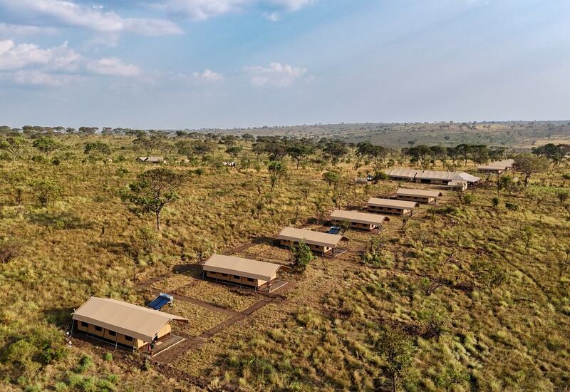 Row of elevated canvas safari tents with porches and a central lodge on open savanna, sweeping grassland and acacia trees.