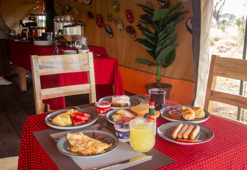 Safari-style tent breakfast on red-check table with wooden chairs, plates of omelette, fruit, sausages, pastries and juice.