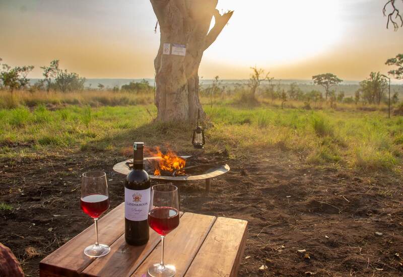 Sunset savanna sundowner: wooden table with bottle of red wine and two glasses, small campfire and lantern under a tree, sweeping grassland view