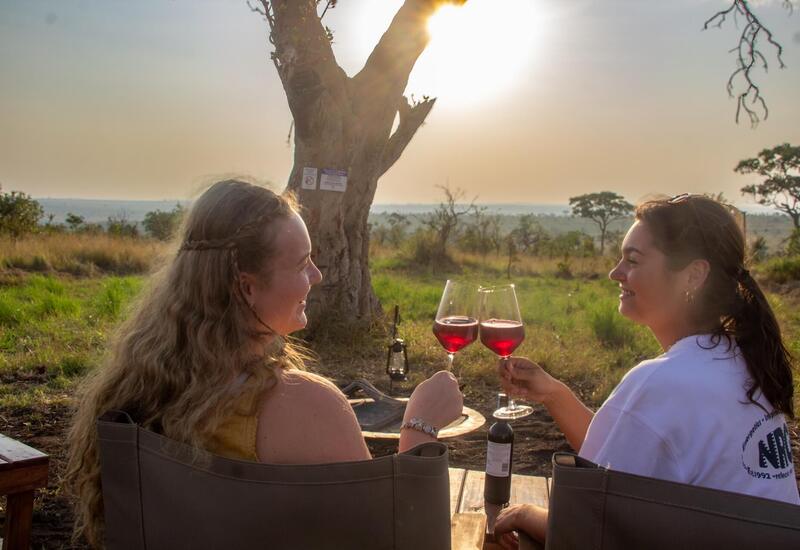 Two women toasting red wine at sunset on a relaxed safari picnic, seated by a tree with lantern and open savanna views.