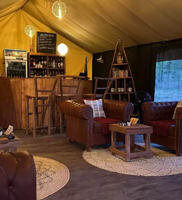 Cozy lodge lounge with leather armchairs, wooden bar, shelves with books and bottles, warm lighting, and view of forest outside.