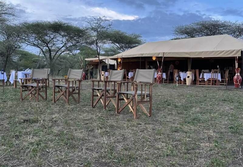Outdoor dining area with canvas tent, wooden chairs, and tables set with white linens in a natural savannah setting at dusk