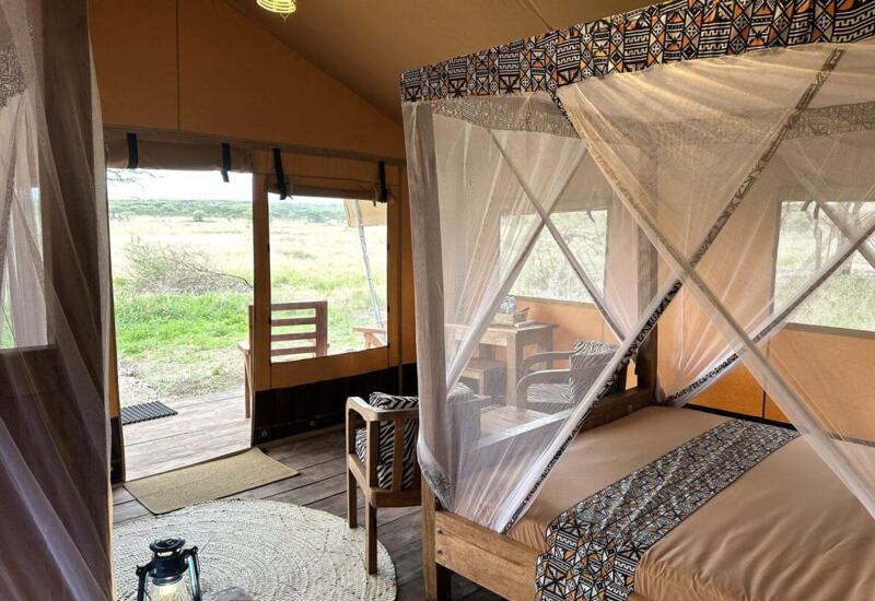 Safari tent room with wooden floor, canopy bed draped in mosquito net, patterned textiles, seating area, and views of the savannah