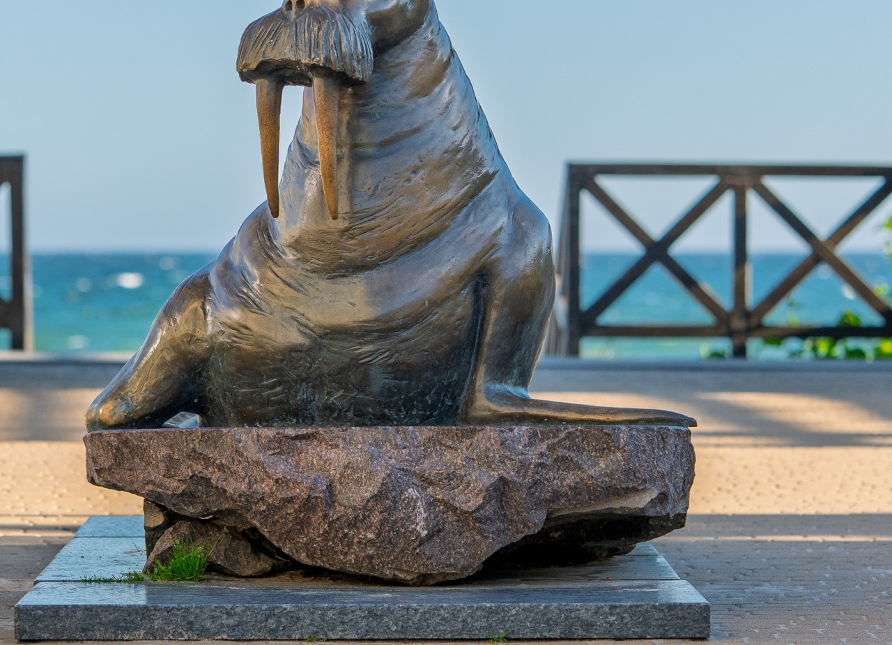 Rzeźba morsa z brązu na kamiennej podstawie na nadmorskim deptaku, w tle morze i drewniana balustrada