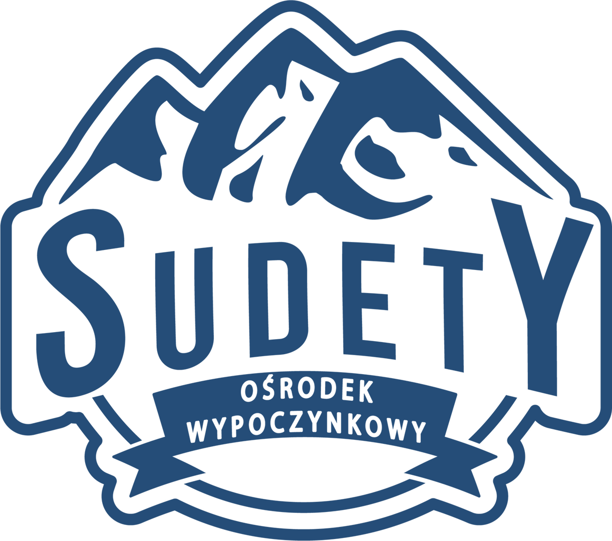 Logo SUDETY w granatowym konturze, stylizowane szczyty gór u góry i wstęga z małym napisem Ośrodek Wypoczynkowy