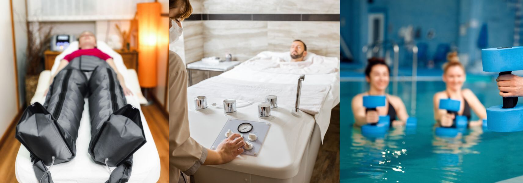 Gość w spa korzysta z masażu uciskowego nóg, zabieg kąpieli błotnej oraz zajęć aqua fitness w basenie hotelowym.