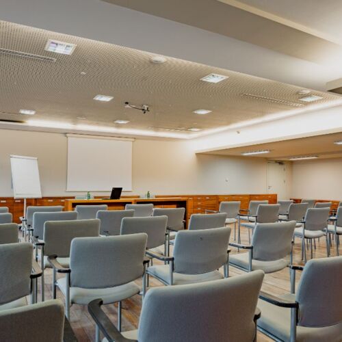 Nowoczesna sala konferencyjna z wygodnymi szarymi krzesłami, projektorem i miejscem na prezentacje oraz spotkania biznesowe