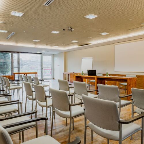 Nowoczesna sala konferencyjna z ustawionymi rzędami krzeseł, drewnianymi biurkami, ekranem projekcyjnym i dużymi oknami z widokiem na miasto.