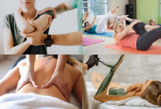 Specjalistyczny masaż ręki, grupa ćwicząca pilates na macie, relaksujący masaż pleców oraz aplikacja zielonej glinki na ciało w spa.