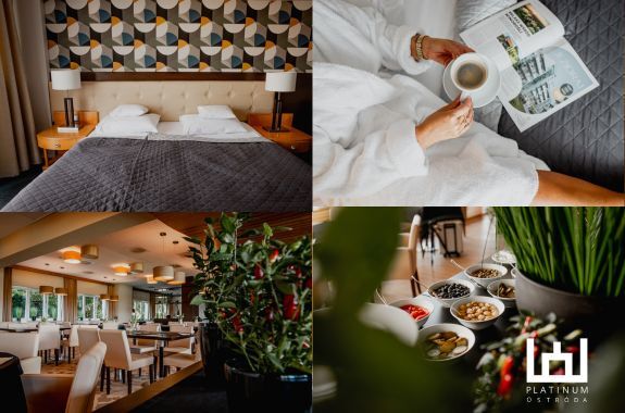 Elegantes Hotelzimmer mit großem Bett, entspannender Kaffeegenuss, heller Restaurantbereich und gesunde Snacks im Platinum Ostroda.