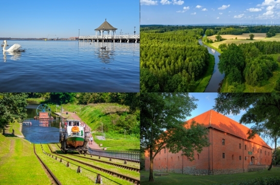 Ruhige Seepier mit weißem Pavillon und schwimmendem Schwan, grüne Flusslandschaft, Boot auf Schienentrolley und historisches rotes Backsteingutshaus unter Bäumen.