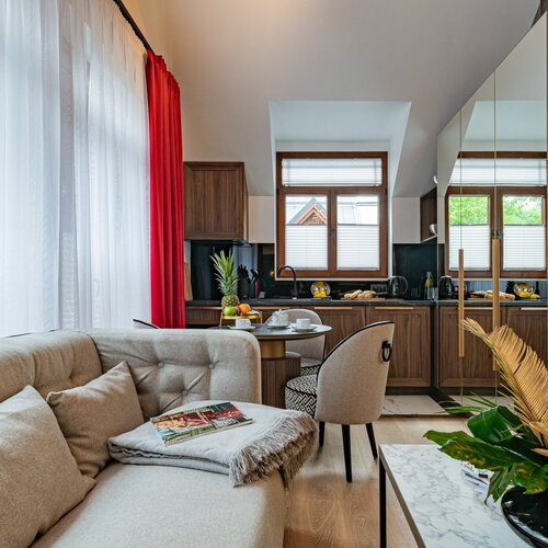 Kitchenette open to the living room with a visible dining table and sofa.