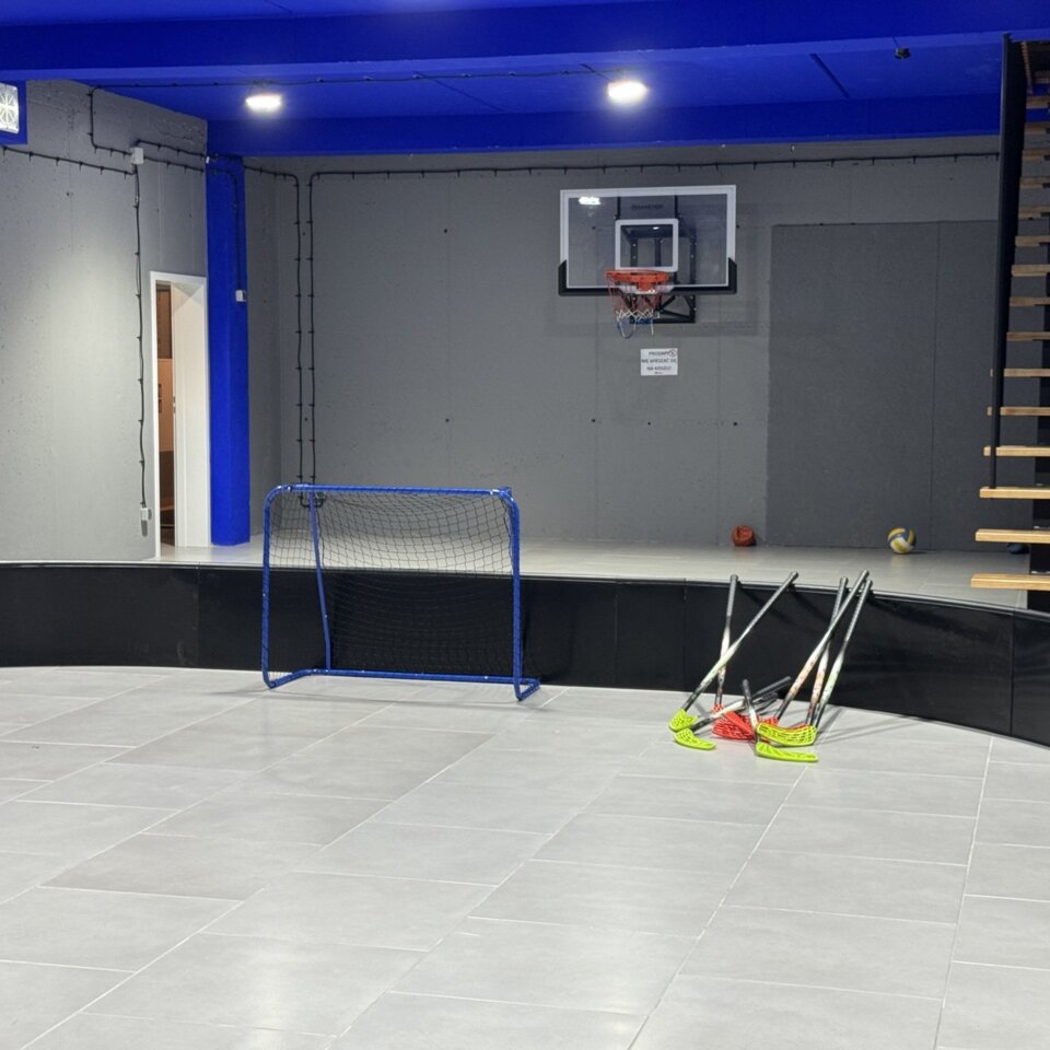 Moderner multifunktionaler Sportbereich mit kleinem Hockeytor, Floorball-Schlägern und Basketballkorb an der Wand.