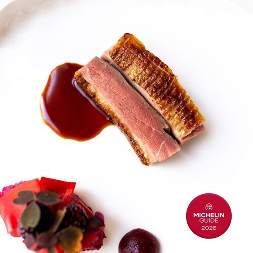 Pierś kaczki z chrupiącą naciętą skórką, sosem z czerwonego wina i purée z buraka z owocami na białym talerzu, odznaka Michelin 2026