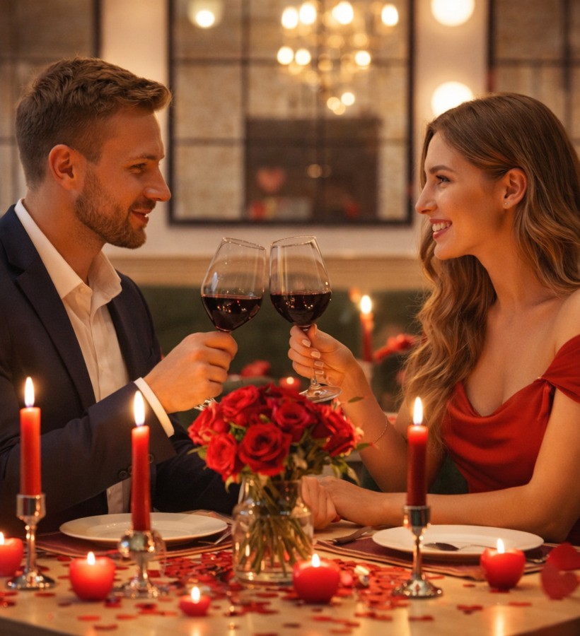 Para na romantycznej kolacji przy świecach w eleganckiej restauracji z bukietem czerwonych róż na stole